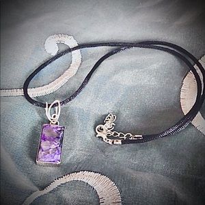 Vintage Sterling Silver Gemstone Pendant Black Silk Cord Necklace - Nickel Free